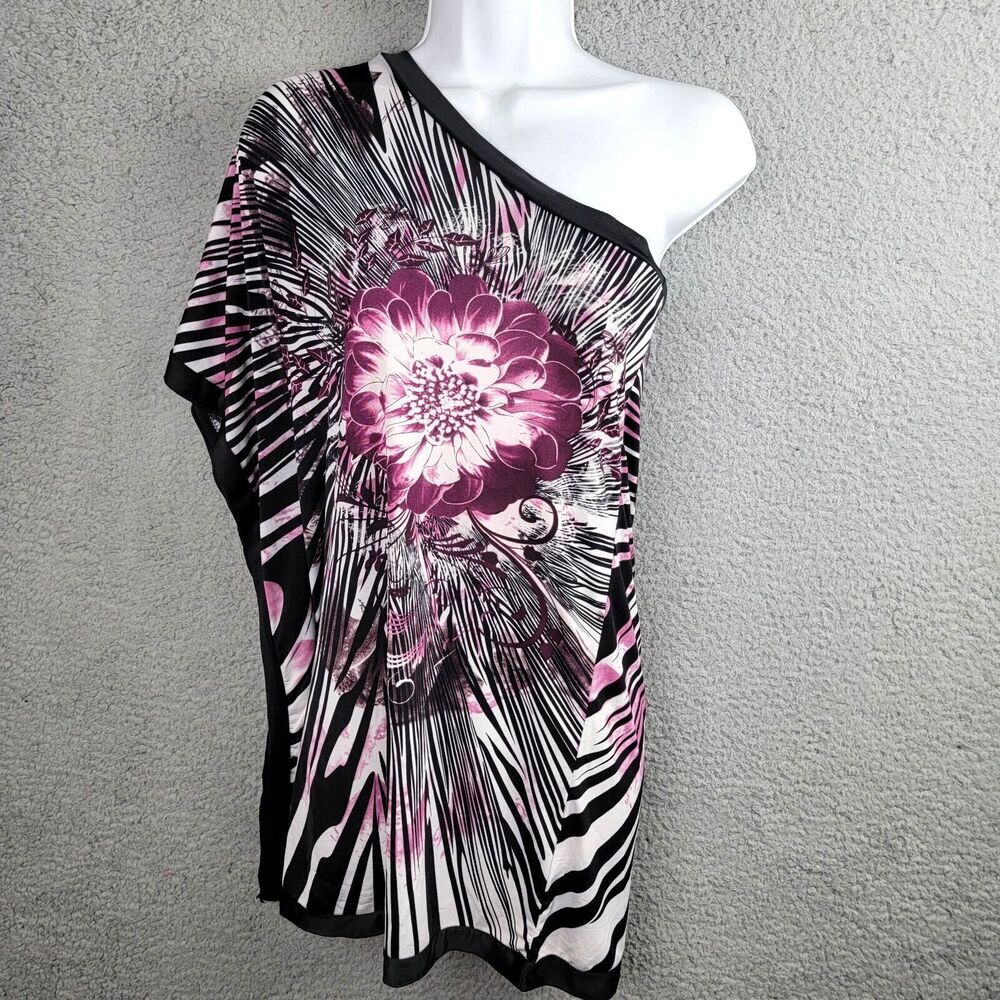 Cristina Love Tunic Top Womens S Purple Black White Off The Shoulder Art Flower